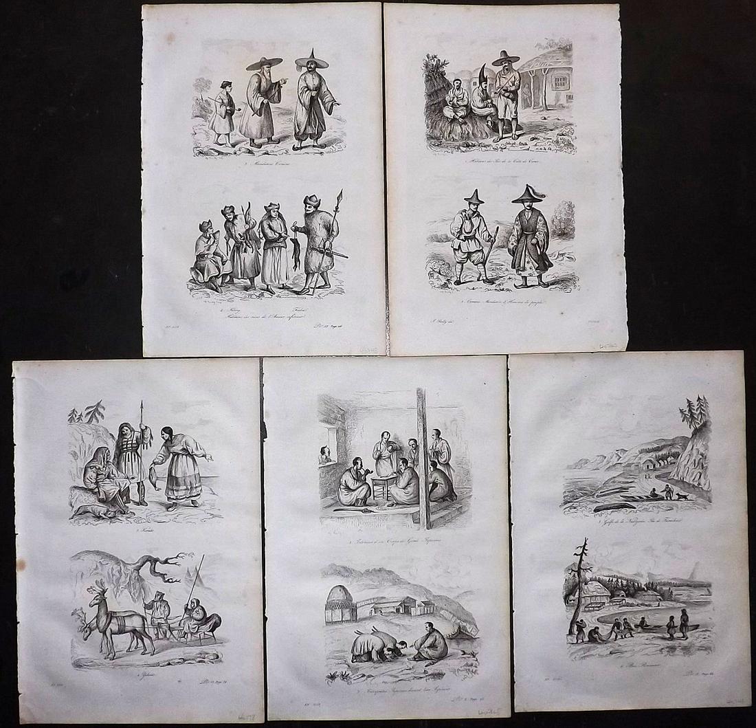 d'Urville, Dumont 1839 Lot of 5 Prints. Japan & Korea: Etchings Published 1834 by Chez Furne et Ce, Paris for "Voyage pittoresque autour du Monde - Résumé général des voyages de découvertes..." By Jules Dumont d'Urville. Thin paper, reverse side blan