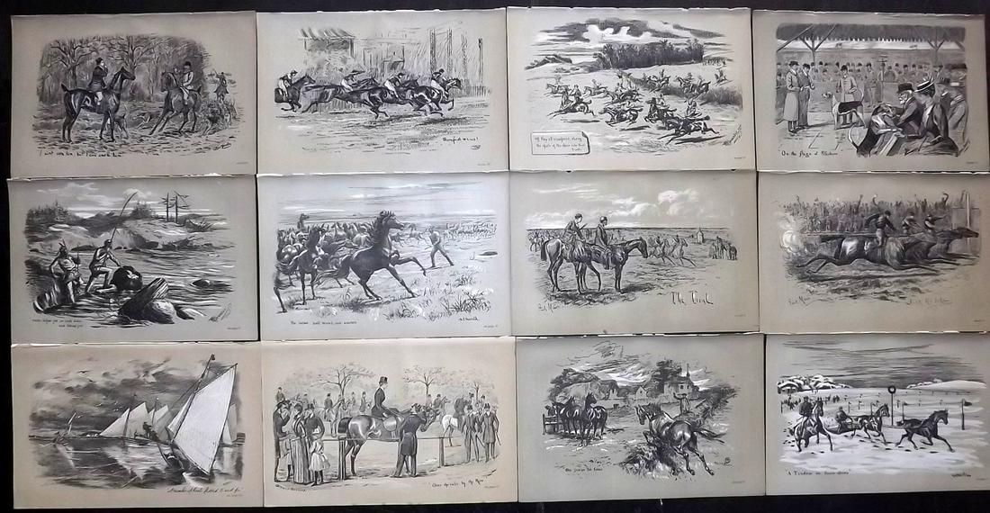 Fores C1890 Lot of 12 Antique Sporting Prints: Lithographs Published 1884-1912, London for "Fores's Sporting Notes & Sketches" Illustrated by Finch Mason, R. M. Alexander, Cuthbert Bradley and others. Paper Size: 8.5 x 5.5 inch (22 x 14cm) Good Co