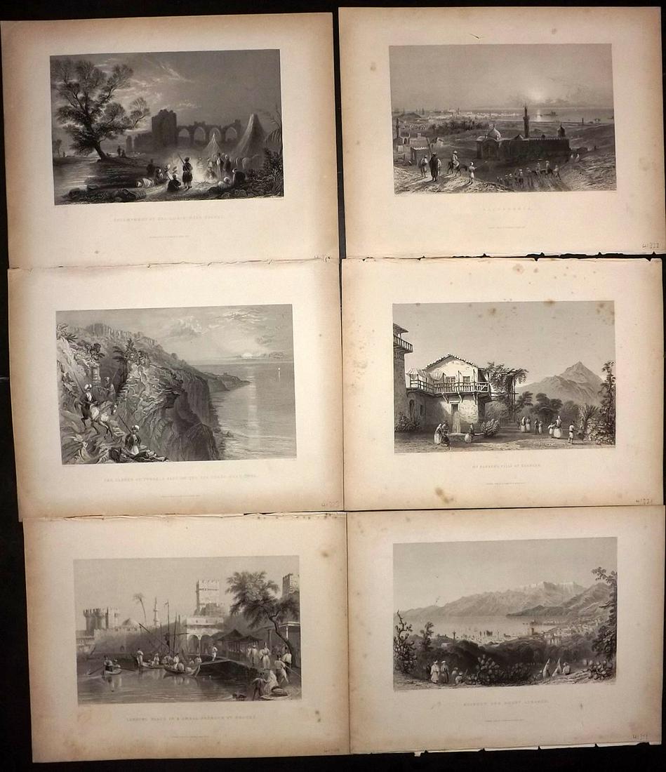 Bartlett, William 1838 Lot of 6 Holy Land Prints: Steel Engravings Published 1836-38, London for "Syria, the Holy Land, Asia Minor, &c." by William Bartlett and John Carne. Paper Size: 11 x 8 inch (28 x 21cm) Minor toning in parts, otherwise generall