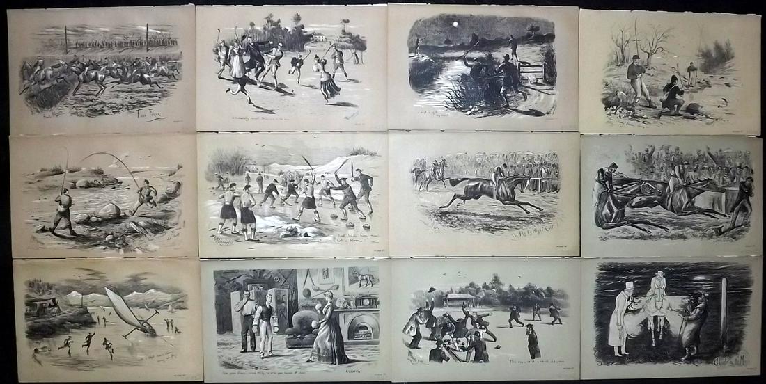 Fores C1890 Lot of 12 Antique Sporting Prints: Lithographs Published 1884-1912, London for "Fores's Sporting Notes & Sketches" Illustrated by Finch Mason, R. M. Alexander, Cuthbert Bradley and others. Paper Size: 8.5 x 5.5 inch (22 x 14cm) Good Co