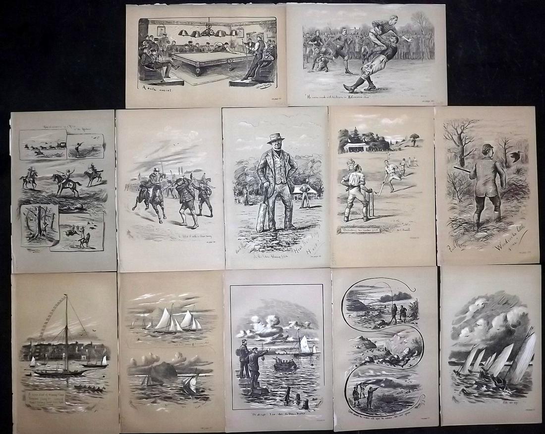 Fores C1890 Lot of 12 Antique Sporting Prints: Lithographs Published 1884-1912, London for "Fores's Sporting Notes & Sketches" Illustrated by Finch Mason, R. M. Alexander, Cuthbert Bradley and others. Paper Size: 8.5 x 5.5 inch (22 x 14cm) Good Co