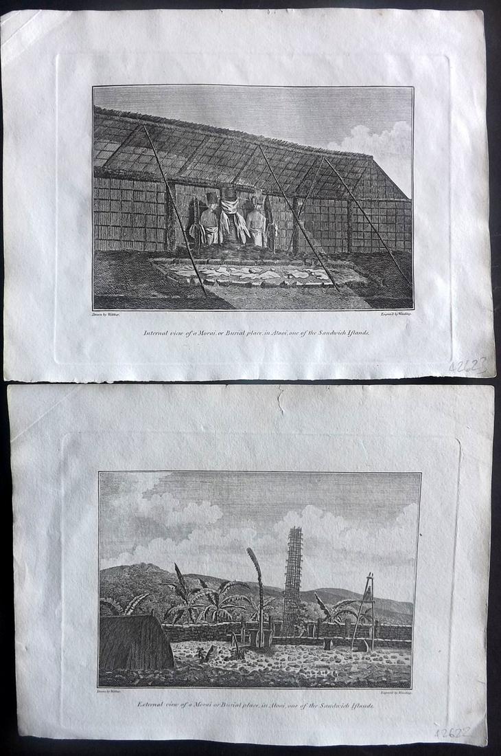 Cooke, George 1801 Pair of Prints of Hawaii, USA: Morai or Burial Places in Atooi. Copper Plates Published 1801-07 by Macdonald & Son, London for "Modern and Authentic System of Universal Geography" By George A. Cooke. Paper Size: 10 x 8 inch (26 x 2