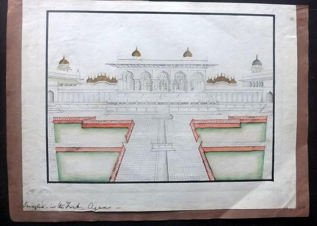 India 19th Cent. Original Art. Fort at Agra. Gold (1 of 2)