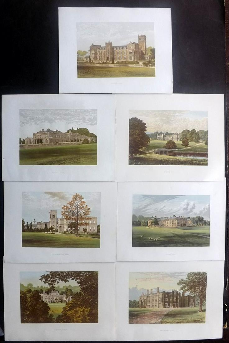 Morris Seats C1870 Lot of 7 Colour Woodblock Views: Color Printed Woodblock Published 1866-1880 by William Mckenzie, London for "Picturesque Views of Seats of Noblemen and Gentlemen of Great Britain and Ireland" by the Rev. F. O. Morris. Printed by Ben