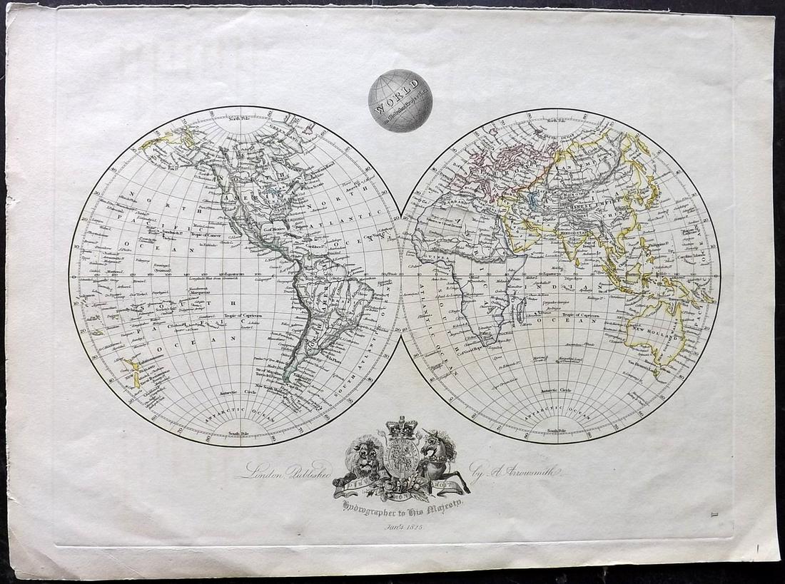 Arrowsmith, Aaron 1825 Rare World Hemisphere Map (1 of 2)