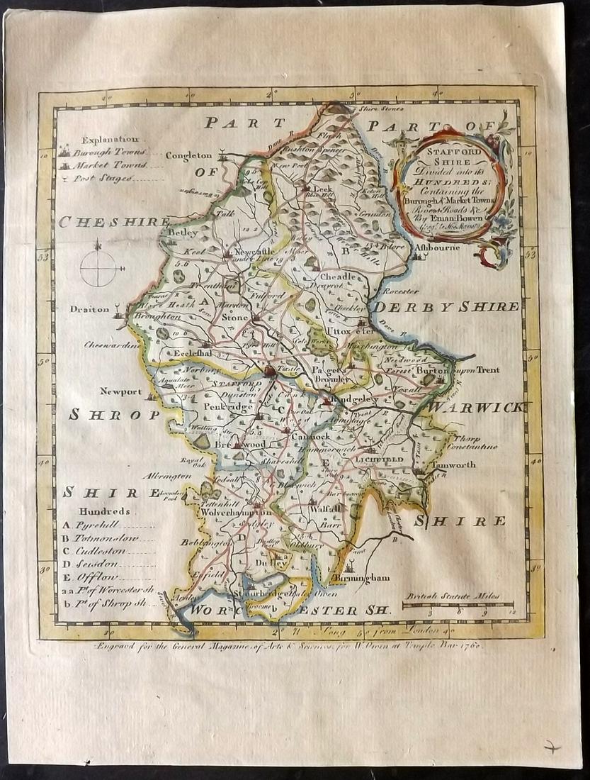 Bowen, Emmanuel 1760 Hand Col Map of Staffordshire, UK (1 of 2)
