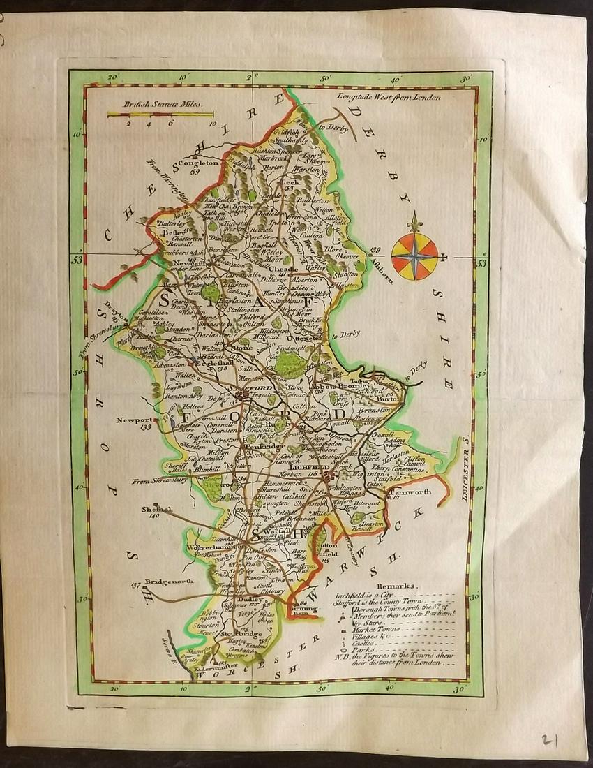 Kitchin, Thomas 1769 Hand Col Map of Staffordshire, UK (1 of 2)