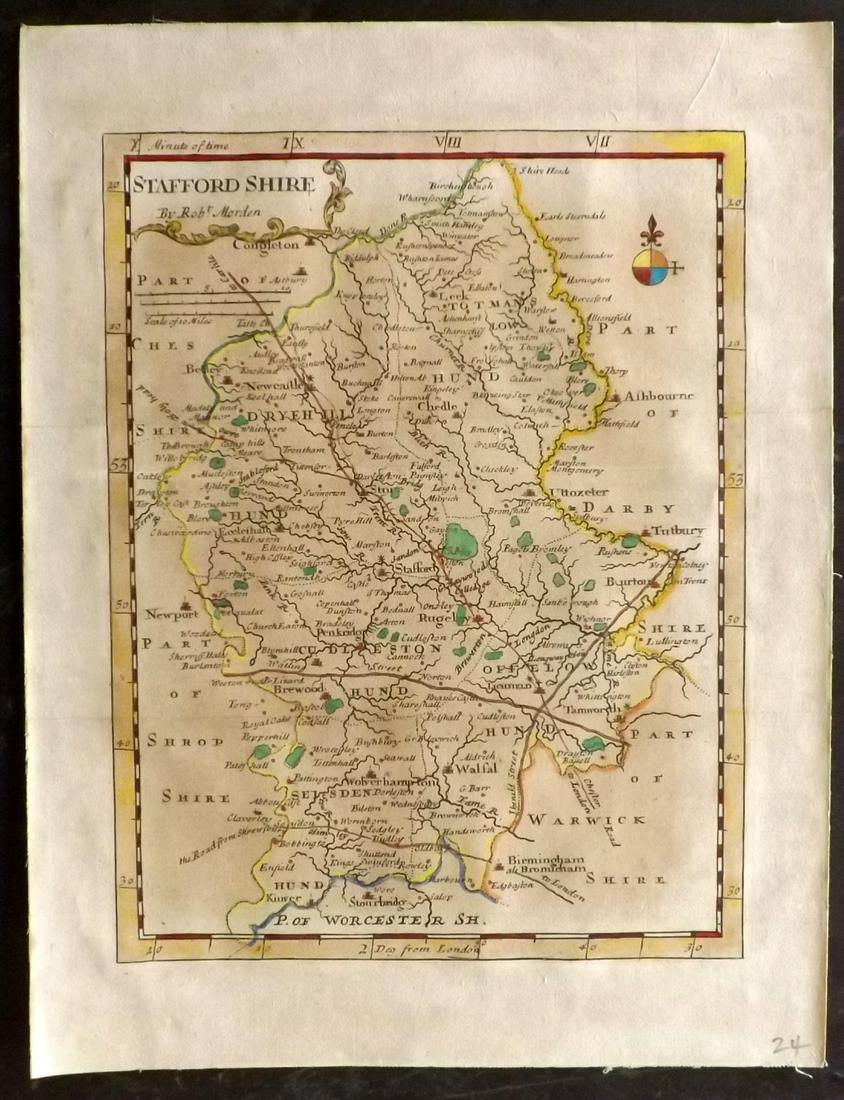Morden, Robert 1701 Hand Col Map of Staffordshire, UK (1 of 2)