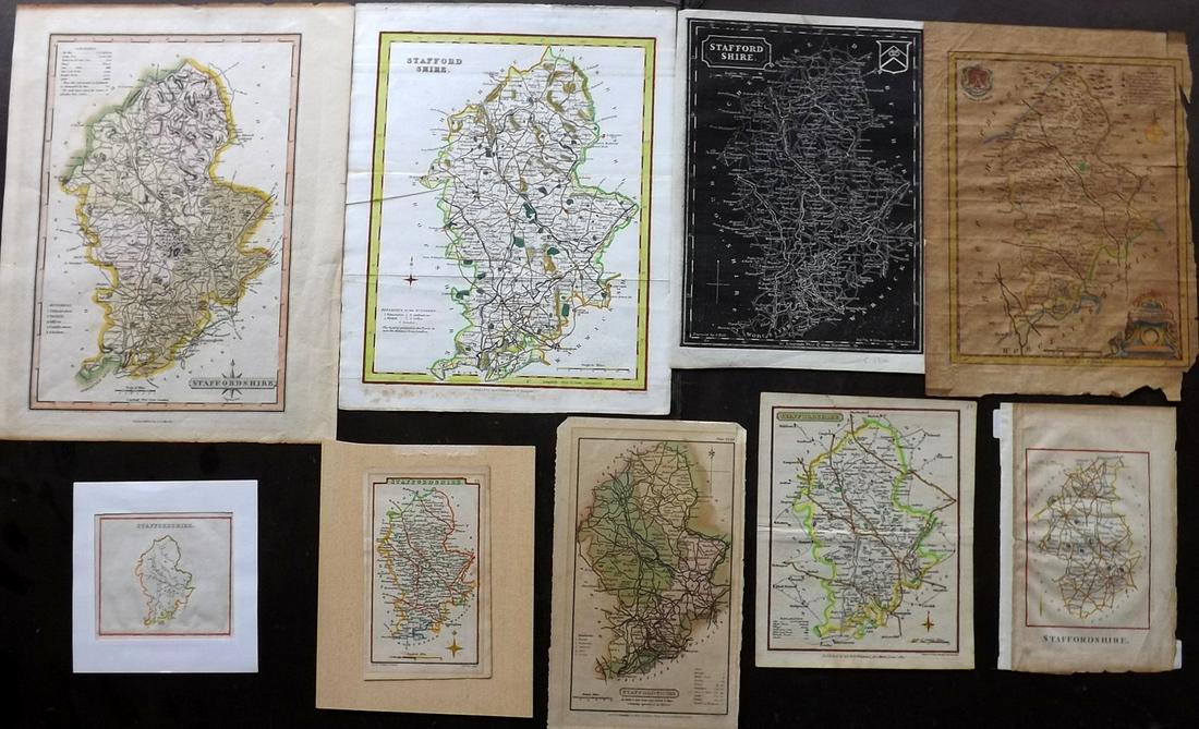 Staffordshire C1760-1830 Lot of 9 Copper Engraved Maps: 8 Copper Engraved Maps and One Woodblock Map. All of Staffordshire. Examples by Kitchin/Kitchen, Cooper, Sidney Hall, Neele/Whittaker, Scott/Fullarton, Oddy and others. Paper Size: Up to 12 x 9.5 inch