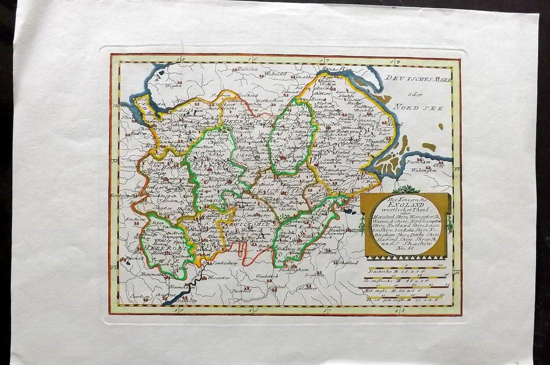 von Reilly, Franz 1789 Rare HCol Map of the Midlands UK: "Des Konigreichs England" Centred on Lincs, Warks, Worcester, Staffs, Cheshire, Leicestershire, Notts and Derbysire. Hand Coloured Copper Engraved Map Published 1789-1806, Vienna for "Schauplatz der f