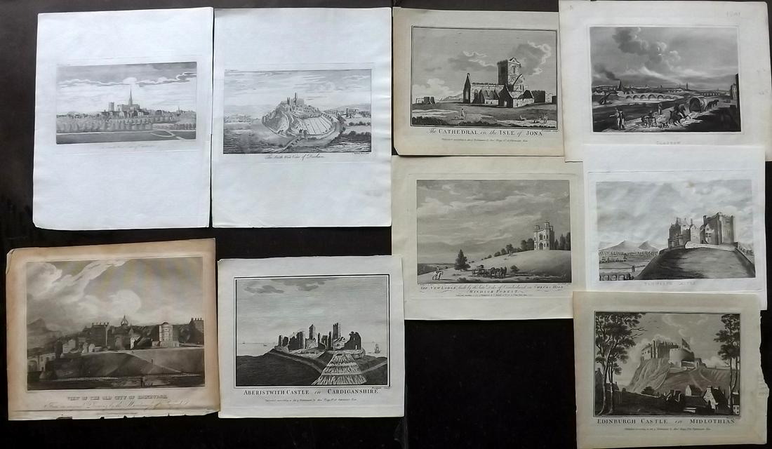 British Views 18th Cent. Lot of 9 Copper Plates: Incl Windsor Forest, Glasgow, Edinburgh, Aberistwith, Tamworth, Isle of Jona, Durham and Chichester. Examples by Hogg, Ryland, Kelly, Barclay, Sandby/Rooker and others. Paper Size: 10 x 8 inch (26 x 2