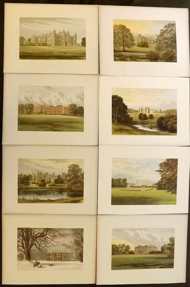 Morris Seats C1870 Lot of 8 Colour Woodblock Views: Color Printed Woodblock Published 1866-1880 by William Mckenzie, London for "Picturesque Views of Seats of Noblemen and Gentlemen of Great Britain and Ireland" by the Rev. F. O. Morris. Printed by Ben