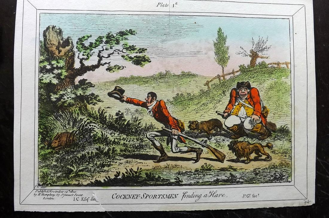 Gillray, James 1851 HCol Caricature. Cockney-Sportsmen: "Cockney-Sportsmen Finding a Hare" Hand Coloured Etching Published 1847-51 by Henry G. Bohn, London for "The Works of James Gillray from the Original Plates with the Addition of Many Subjects Not Befo