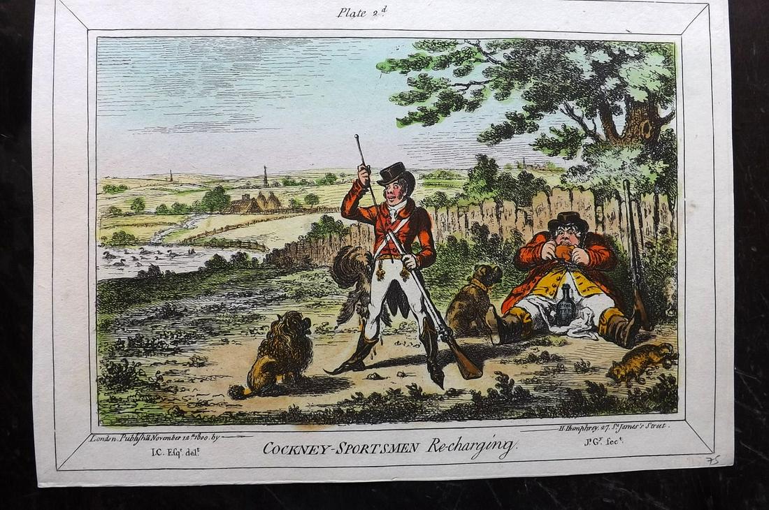 Gillray, James 1851 HCol Caricature. Cockney-Sportsmen: "Cockney-Sportsmen Re-Charging" Hand Coloured Etching Published 1847-51 by Henry G. Bohn, London for "The Works of James Gillray from the Original Plates with the Addition of Many Subjects Not Before