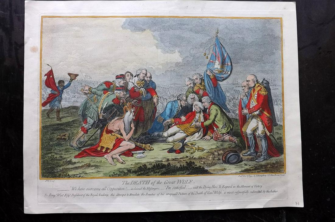 Gillray, James 1851 HCol Caricature. Death of Gen.: The Death of the Great Wolf. Canada. Hand Coloured Etching Published 1847-51 by Henry G. Bohn, London for "The Works of James Gillray from the Original Plates with the Addition of Many Subjects Not Be