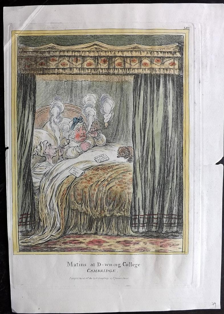 Gillray, James 1851 HCol Caricature. Matins at College: "Matins at D'wn-ng College. Cambridge" Hand Coloured Etching Published 1847-51 by Henry G. Bohn, London for "The Works of James Gillray from the Original Plates with the Addition of Many Subjects Not