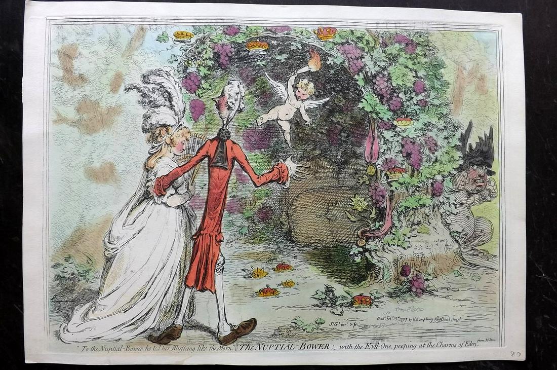 Gillray, James 1851 HCol Caricature. Nuptial-Bower: Hand Coloured Etching Published 1847-51 by Henry G. Bohn, London for "The Works of James Gillray from the Original Plates with the Addition of Many Subjects Not Before Collected" By Charles Whiting. I