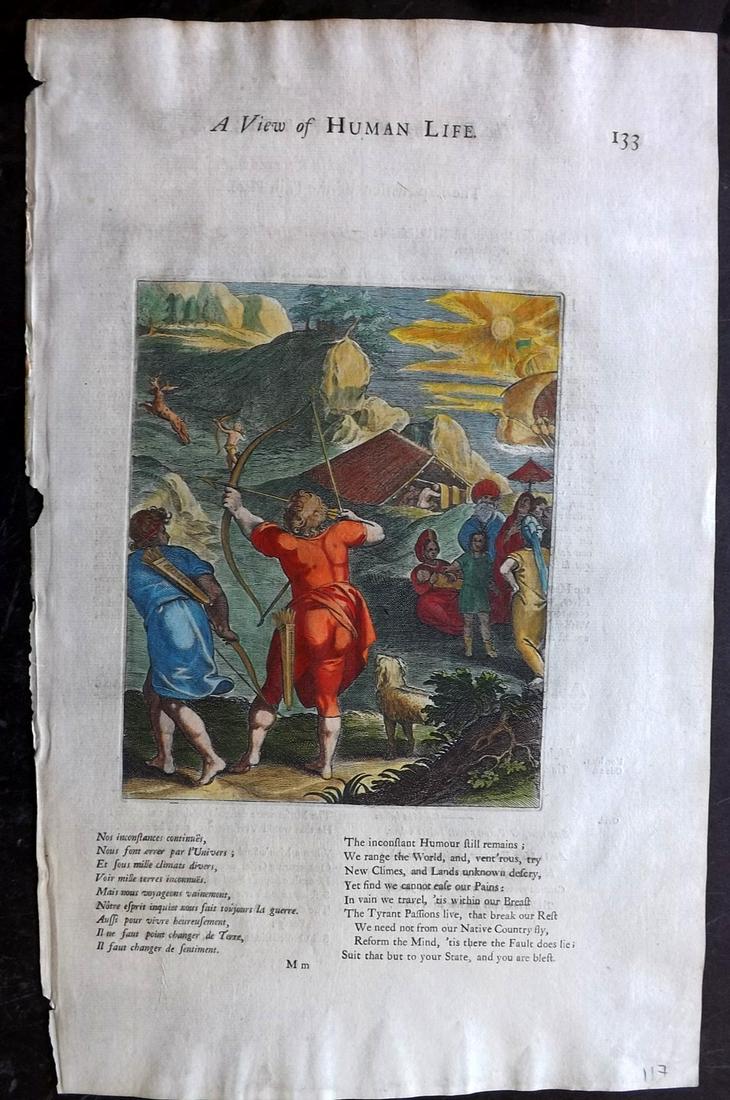 Gomberville & Daret 1726 Hand Color Print 133: Hand Coloured Copper Plate Published 1726, London for "Moral Virtue Delineated..." by Marin Le Roy Gomberville. Translated by Penelope Aubin. Engraved by Pierre Daret. Text to verso. Paper Size: 14.5