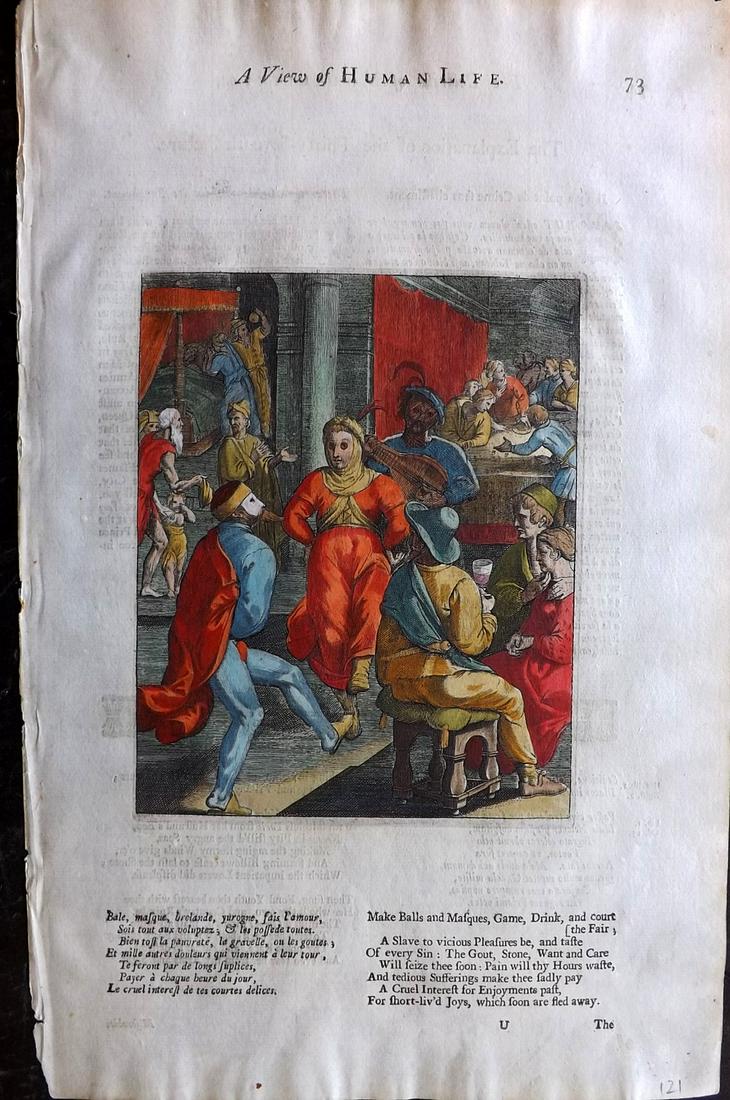 Gomberville & Daret 1726 Hand Color Print 73: Hand Coloured Copper Plate Published 1726, London for "Moral Virtue Delineated..." by Marin Le Roy Gomberville. Translated by Penelope Aubin. Engraved by Pierre Daret. Text to verso. Paper Size: 14.5