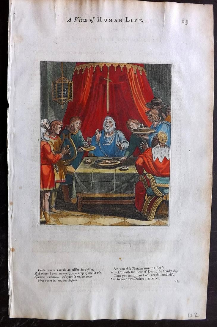 Gomberville & Daret 1726 Hand Color Print 83: Hand Coloured Copper Plate Published 1726, London for "Moral Virtue Delineated..." by Marin Le Roy Gomberville. Translated by Penelope Aubin. Engraved by Pierre Daret. Text to verso. Paper Size: 14.5