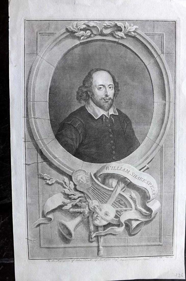 Houbraken, Jacobus 1743 Portrait of William Shakespeare: Folio Copper Plate Published London, 1743-52 for "Heads of Illustrious Persons of Great Britain" by Thomas Birch. Engraved by Jacobus Houbraken. Paper Size: 17 x 10 inch (43 x 25cm) A few small ink/pr