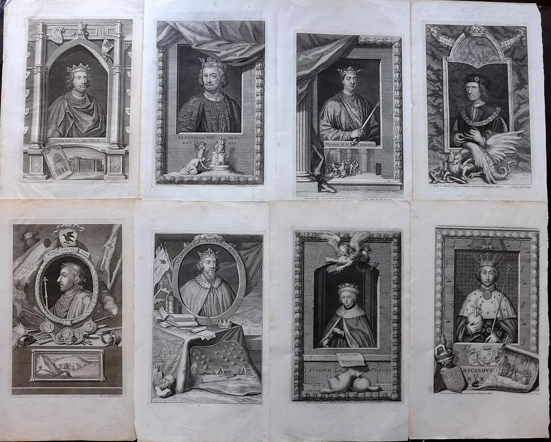 Vertue, George 1736 Lot of 8 Portraits, Kings of: Copper Plates Published 1736, London for "The Heads of the Kings of England,: Proper for Mr. Rapin's History..." by George Vertue. Paper Size: 16 x 9.5 inch (40 x 24cm) Occasional small margin faults.