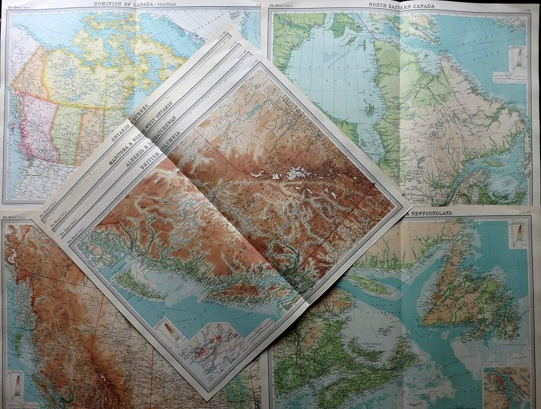 Bartholomew, John 1922 Lot of 8 Large Maps of Canada: Large Lithograph Maps Published 1922 by The Times, London for "The Times Survey Atlas of the World" Maps by John George Bartholomew of the Edinburgh Geographical Institute. Centre fold as issued. Pape