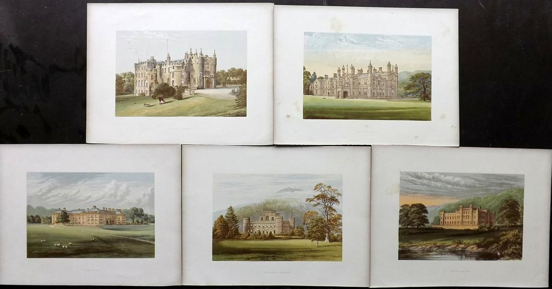 Morris Seats C1870 Lot of 5 Colour Woodblock Views: Color Printed Woodblock Published 1866-1880 by William Mckenzie, London for "Picturesque Views of Seats of Noblemen and Gentlemen of Great Britain and Ireland" by the Rev. F. O. Morris. Printed by Ben