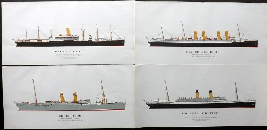 Dunn, Laurence 1961 Lot of 4 Folio Ship Prints: Folio Lithographs Published 1961 by Hugh Evelyn, London for "North Atlantic Liners" Illustrated by Laurence Dunn. Paper Size: 18.5 x 8.5 inch (47 x 22cm) Good Condition