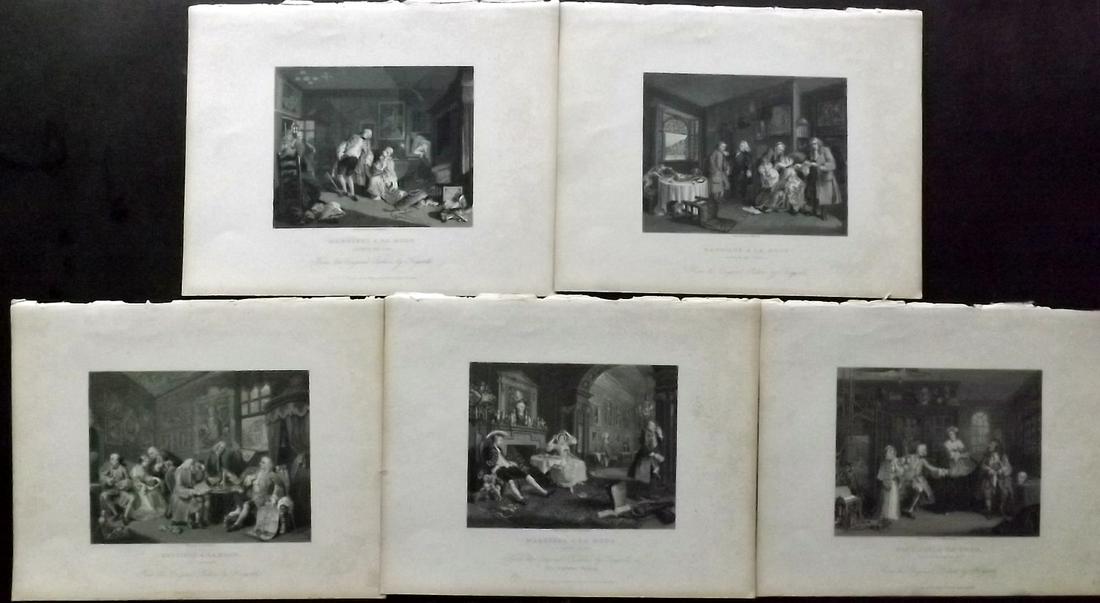 Hogarth, William 1833 Lot 5 Prints. Marriage-A-la-Mode: Incomplete set. Steel Engraving Published 1833, London for "The Complete Works of William Hogarth" by The Rev. John Trusler. Paper Size: 10.5 x 8 inch (27 x 20cm) Very minor margin toning in parts. Go