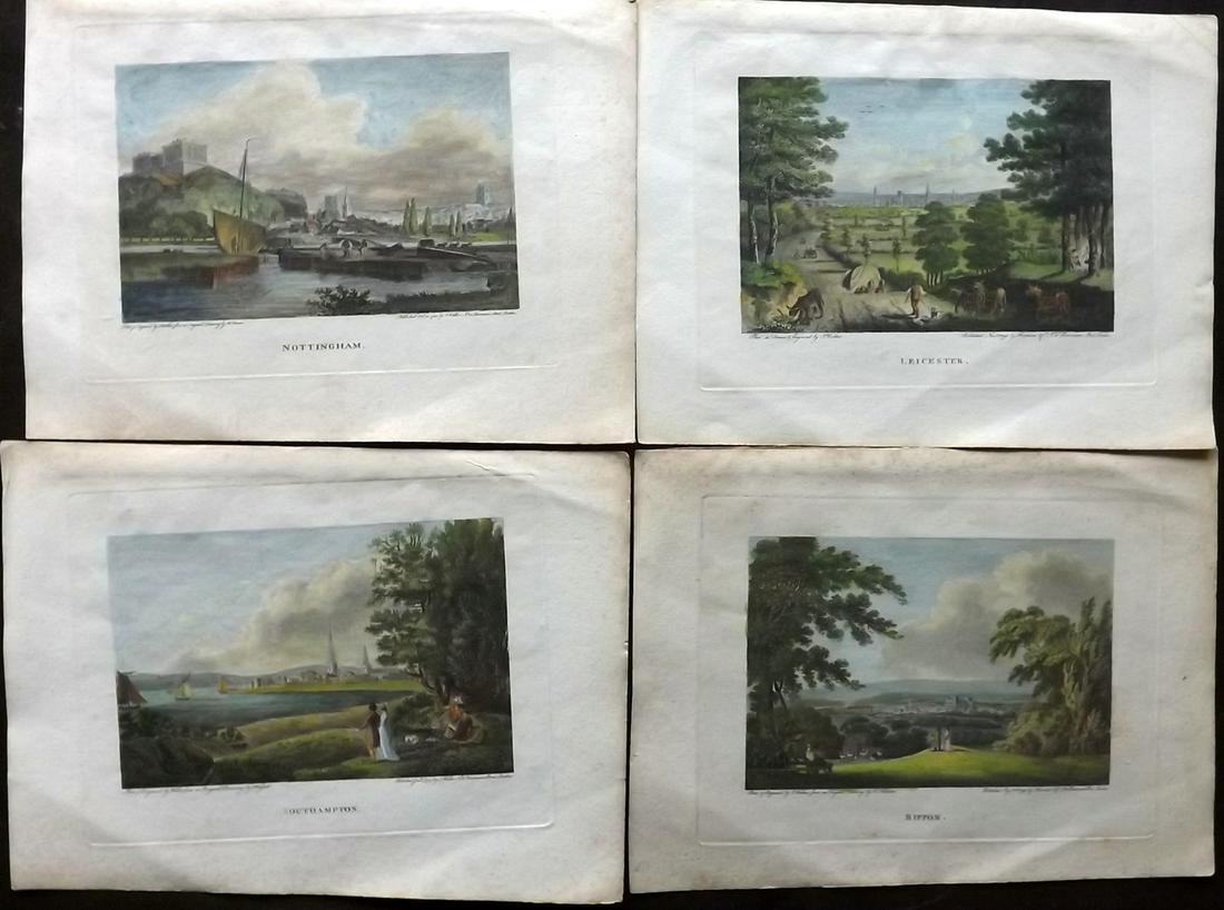 British Views 1790's Lot of 4 Hand Col Prints by Walker: Incl Leicester, Nottingham, Rippon, and Southampton. Hand Colored Copper Plates Published 1792-1802, London for "The Copper-plate Magazine, or Monthly Cabinet of picturesque Prints" by John and Willia