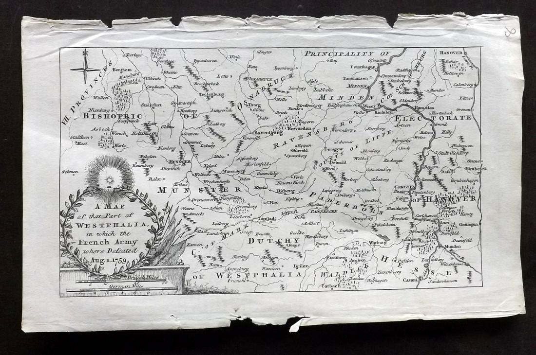 Gentleman's Mag 1759 Map. Westphalia, Germany: "A Map of that Part of Westphalia, in which the French Army where defeated Aug. 1. 1759" Copper Engraved Map Published London 1731-1833, London for "The Gentleman's Magazine..." by Various Contributor