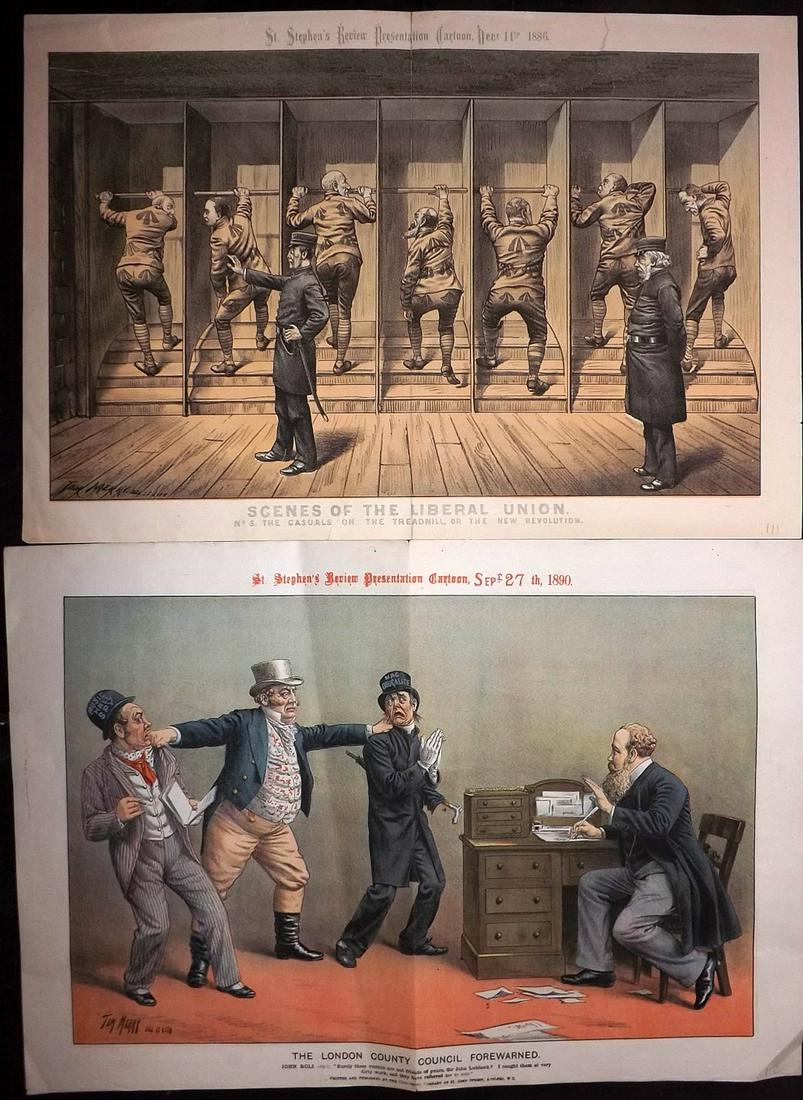 Merry, Tom 1886-90 Pair of LG Satire Prints. Political: "The London County Council Forewarned" and "Scenes of the Liberal Union" Large Folio Chromolithographs Published 1883-92, London for "St Stephen's Review" Drawn and Lithographed by Tom Merry. Folds as