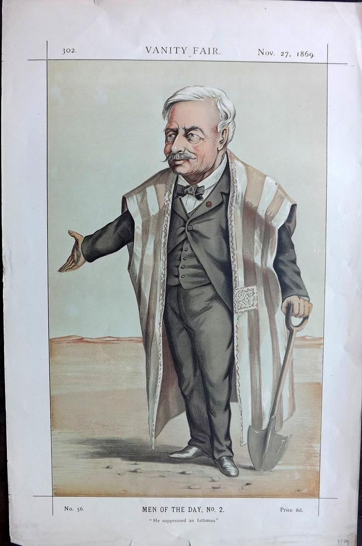 Vanity Fair Prints 1869 Ferdinand de Lesseps. Suez: Chromolithographs Published 1869-1914, London for "Vanity Fair" With accompanying descriptive text. Paper Size: 15 x 10 inch (38 x 25cm) Good Condition