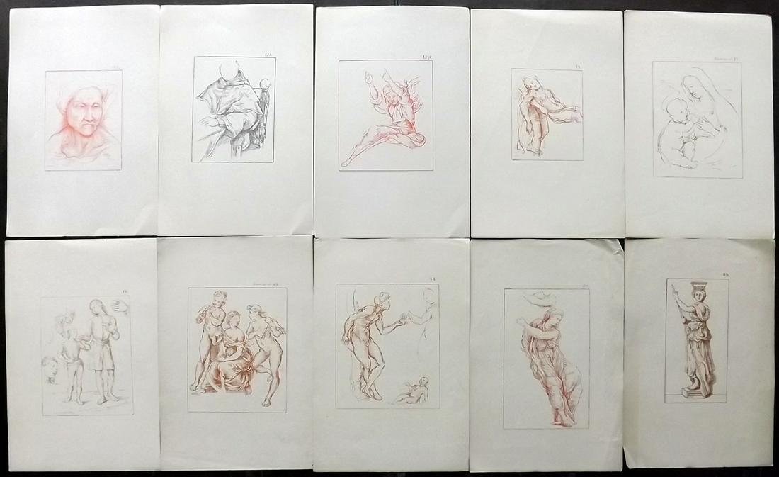 After Raphael 1894 Lot of 10 Lithograph Drawings: Lithographs Published 1894, Oxford for "Lithographic Reproductions on a small scale of the Drawings by Raffaelle" by Joseph Fisher. Paper Size: 7.5 x 5 inch (18.5 x 13cm) Good Condition
