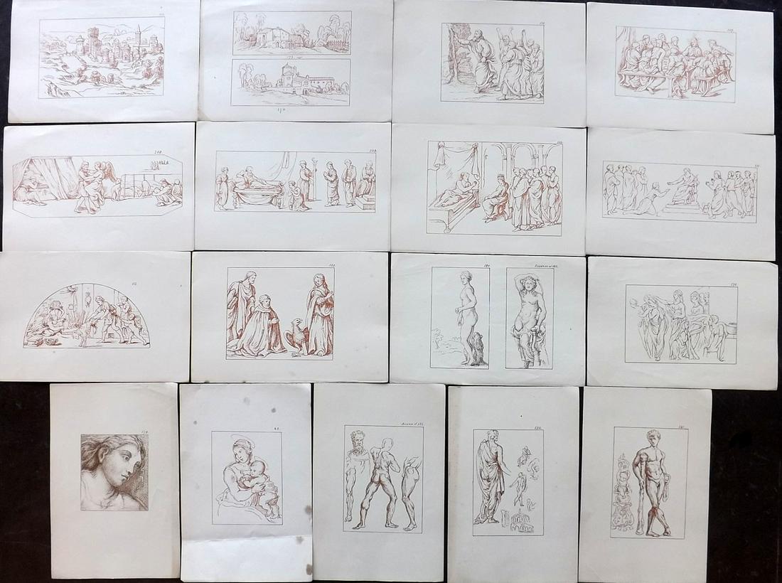 After Raphael 1894 Lot of 17 Lithograph Drawings: Lithographs Published 1894, Oxford for "Lithographic Reproductions on a small scale of the Drawings by Raffaelle" by Joseph Fisher. Paper Size: 7.5 x 5 inch (18.5 x 13cm) Good Condition