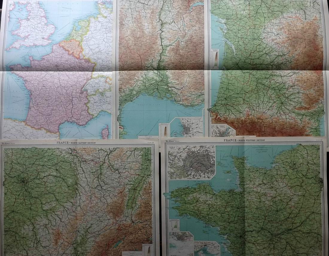 Bartholomew, John 1922 Lot of 5 Large Maps of France: Large Lithograph Maps Published 1922 by The Times, London for "The Times Survey Atlas of the World" Maps by John George Bartholomew of the Edinburgh Geographical Institute. Centre fold as issued. Pape