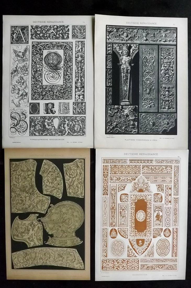 Dolmetsch, Heinrich 1895 Lot of 4. German Renaissance: Chromolithographs Published 1889, Stuttgart for "Der Ornamentenschatz Ein Musterbuch Stilvoller aus Allen Kunstepochen" by Heinrich Dolmetsch. Paper Size: 13.5 x 9.5 inch (33 x 23cm) Good Condition