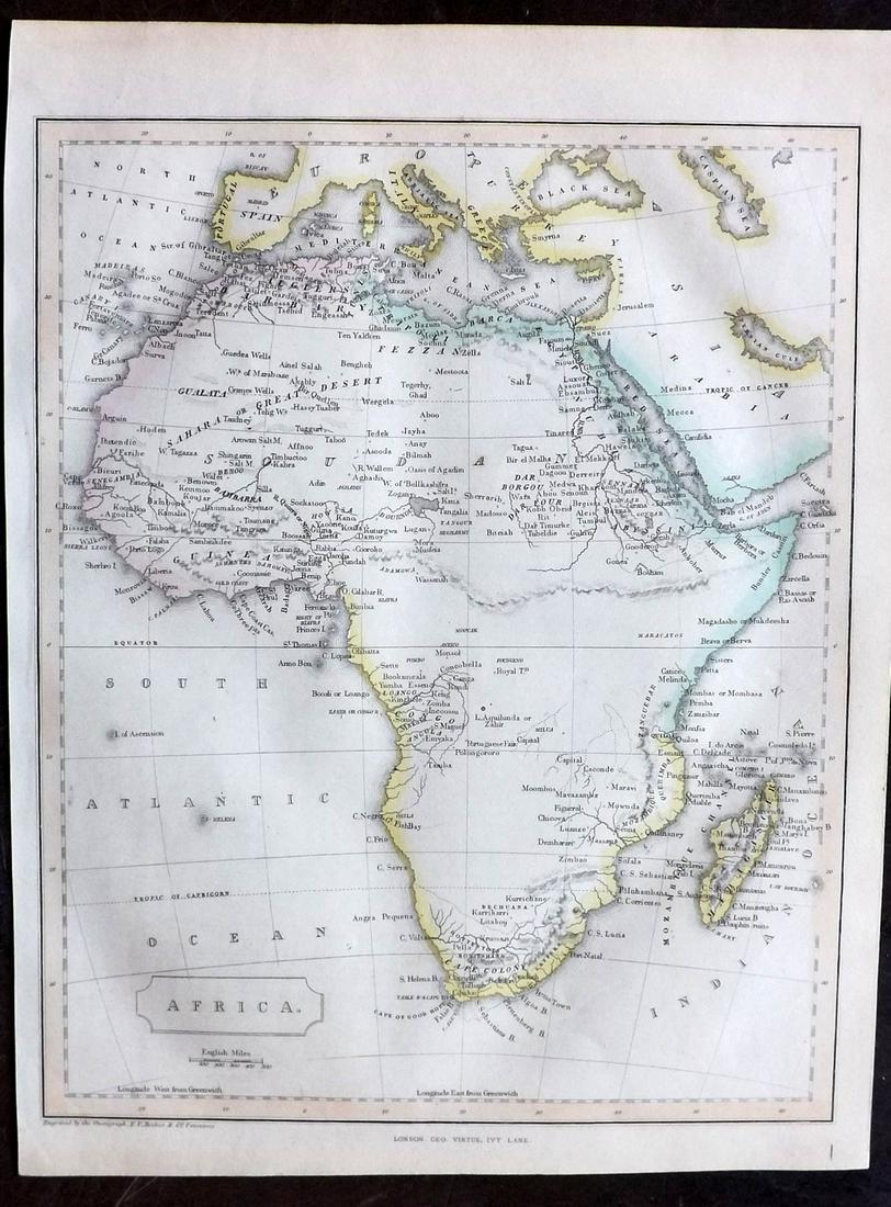 Barclay, James C1835 Hand Col Map. Africa Continent: Hand Colored Copper Engraved Map Published C1835, London for "A Complete and Universal English Dictionary" by the Rev. James Barclay et al. Folds as issued. Paper Size: 11 x 8.5 inch (28 x 22cm) Good