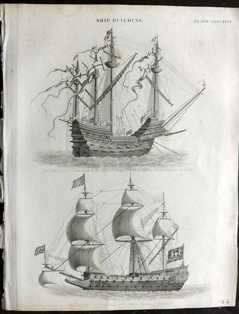 Encyclo. Britannica C1830 Antique Ship Print: The Henri Grace a Dieu and Severeign of the Seas. Copper Plates Published 1830-42, Edinburgh for "Encyclopedia Britannica" Seventh Edition. Centre fold as issued. Paper Size: 10.5 x 8 inch (27 x 21cm)