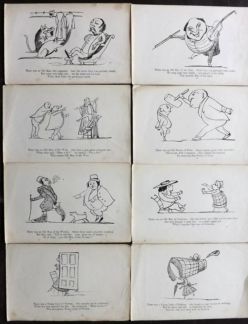 Lear, Edward 1863 Lot of 8 Antique Satire Prints: Woodblocks Published 1863, London for "A Book of Nonsense" 14th Edition by Edward Lear. Reverse side blank. Paper Size: 8 x 5 inch (21 x 13cm) Good Condition overall