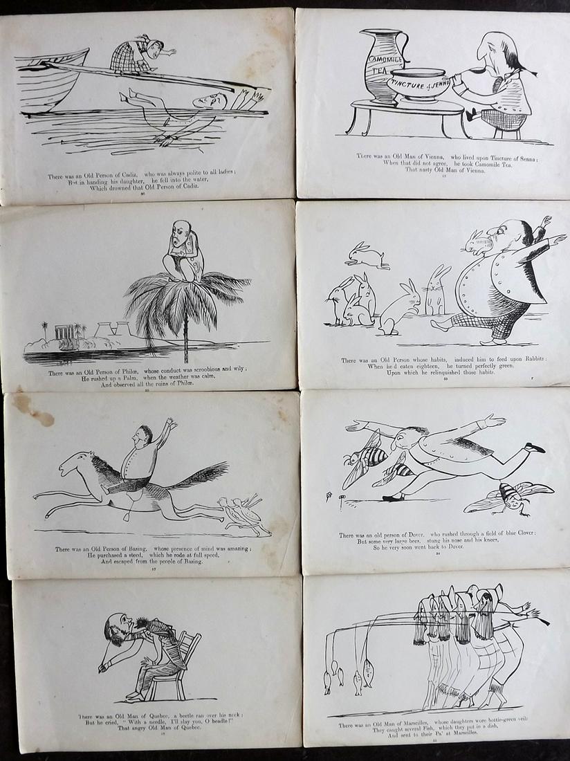 Lear, Edward 1863 Lot of 8 Antique Satire Prints: Woodblocks Published 1863, London for "A Book of Nonsense" 14th Edition by Edward Lear. Reverse side blank. Paper Size: 8 x 5 inch (21 x 13cm) Good Condition overall