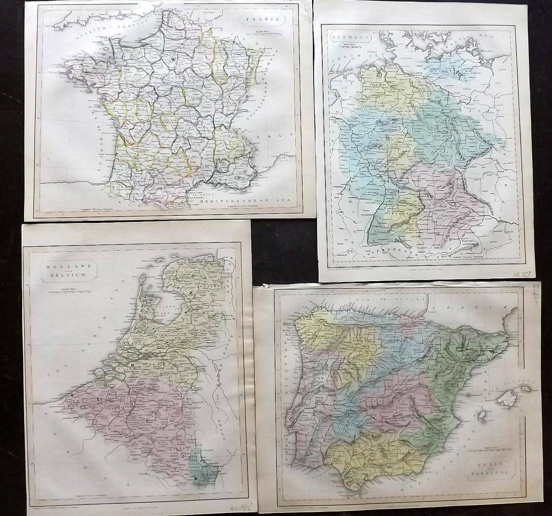 Barclay, James C1835 Lot of 4 Hand Col Europe Maps: Germany, Holland/Belgium, France and Spain/Portugal. Hand Colored Steel Engraved Maps Published C1835, London for "A Complete and Universal English Dictionary" by the Rev. James Barclay et al. Engrave