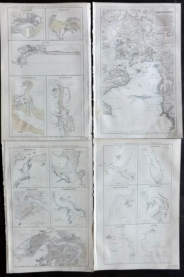 Fullarton (Pub) 1856 Lot of 4 Antique British Maps: Incl Ports and Harbours on the South East Coast of England, Ditto North West Scotland, Ditto South Coast England, and Plymouth Sound. Steel Engraved Map Published 1856-58, by A. Fullarton, London for 