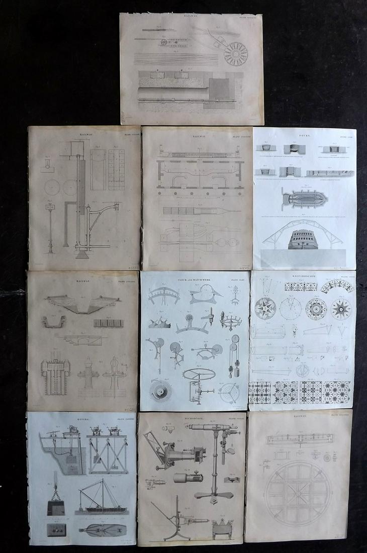 Encyclo. Britannica C1830 Lot of 10 Science Prints: Incl Clock and Watch Work, Docks, Kaleidoscope, Diving, Microscope, and Railway. Steel Engravings Published 1830-42, Edinburgh for "Encyclopedia Britannica" Seventh Edition. Centre fold as issued. Pap