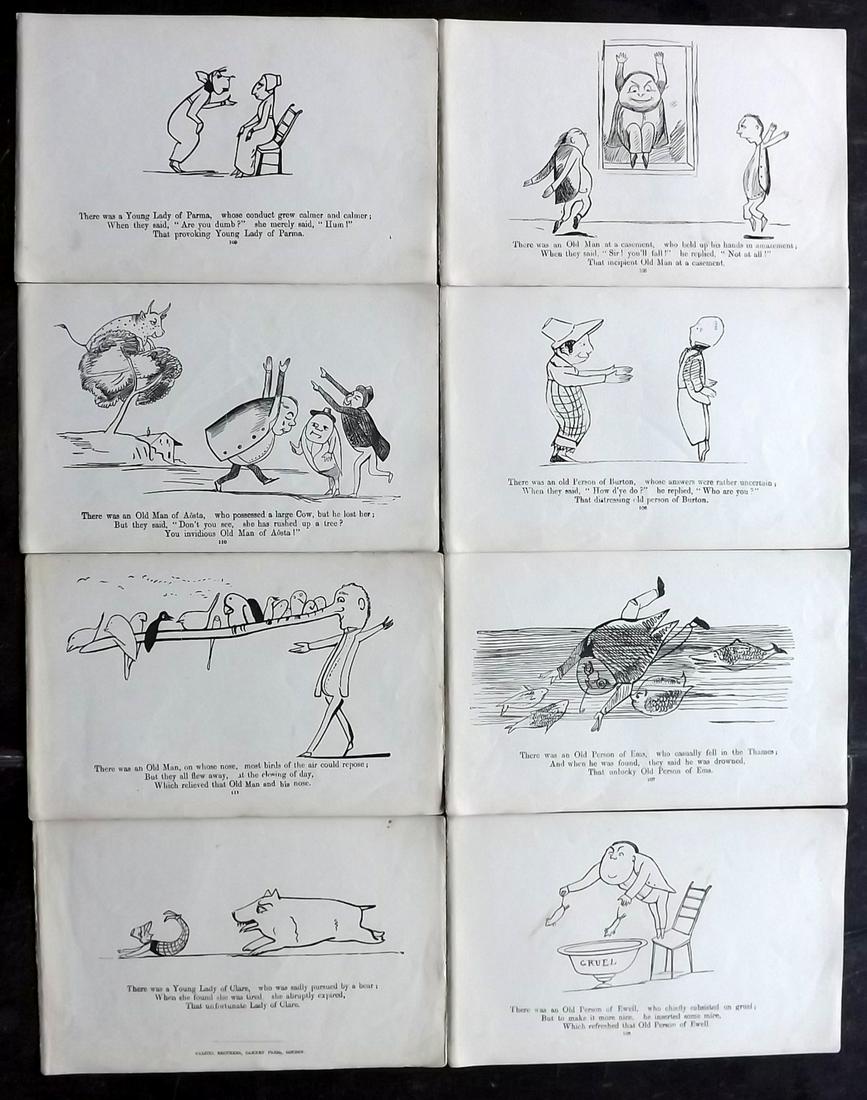 Lear, Edward 1863 Lot of 8 Antique Satire Prints: Woodblocks Published 1863, London for "A Book of Nonsense" 14th Edition by Edward Lear. Reverse side blank. Paper Size: 8 x 5 inch (21 x 13cm) Good Condition overall