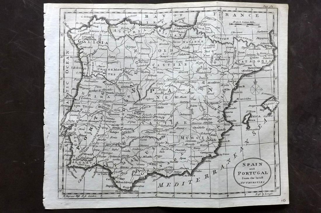 Guthrie, William 1790 Antique Map. Spain & Portugal: Copper Engraved Map Published 1790, London for "A New Geographical, Historical and Commercial Grammar..." by William Guthrie. The maps are by John Senex, Thomas Kitchin and others. Folds as issued. Ea