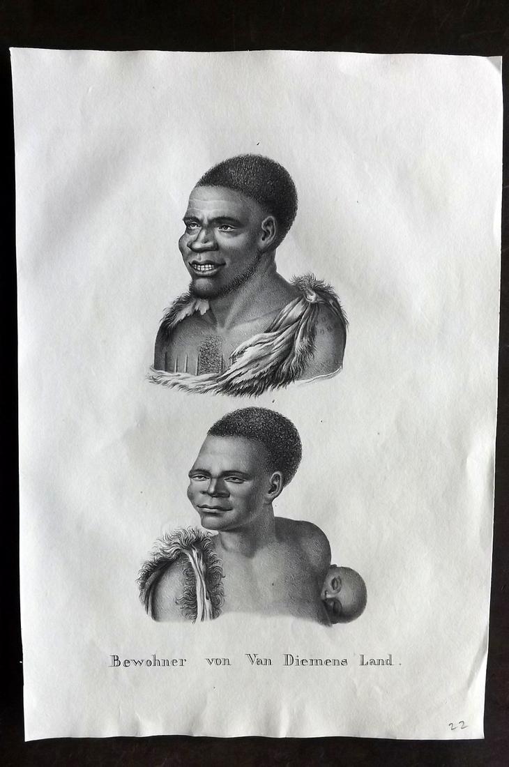 Schinz & Brodtmann 1827 Australia Tasmania Aborigines: Folio Lithograph Published Zurich 1827 for "Naturhistorische Abbildungen der Saeugethiere" by Heinrich Rudolph Schinz. Lithographed by Karl Joseph Brodtmann. Paper Size: 13 x 9.5 inch (33 x 24cm) Good
