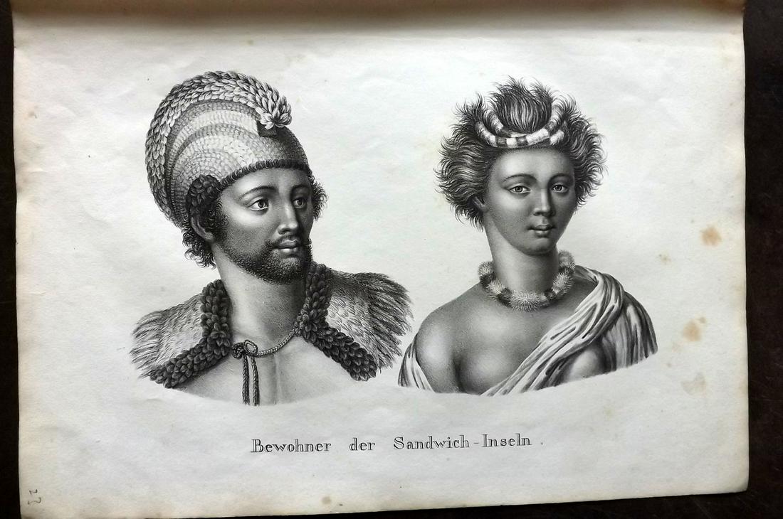 Schinz & Brodtmann 1827 Folio Print. Hawaii Natives: "Bewohner der Sandwch-Inseln" Folio Lithograph Published Zurich 1827 for "Naturhistorische Abbildungen der Saeugethiere" by Heinrich Rudolph Schinz. Lithographed by Karl Joseph Brodtmann. Paper Size: 