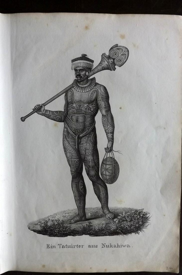 Schinz & Brodtmann 1827 Folio Print. Pacific Tattoo Man: "Ein Tatuirter aus Nukahiwa" Folio Lithograph Published Zurich 1827 for "Naturhistorische Abbildungen der Saeugethiere" by Heinrich Rudolph Schinz. Lithographed by Karl Joseph Brodtmann. Paper Size: 1